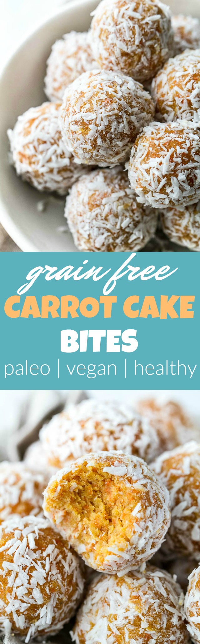 These Grain Free Carrot Cake Bites are paleo, vegan, refined sugar-free, and made with only 4 major ingredients! They're soft and doughy with a subtle sweetness and the perfect amount of spice. A perfect little healthy snack. | runningwithspoons.com #vegan #paleo #spring #glutenfree