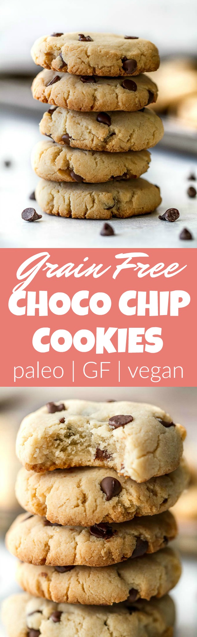 These Grain Free Vegan Chocolate Chip Cookies have the same texture and taste as a classic chocolate chip cookie, but are made without flour, butter, eggs, or refined sugar! | runningwithspoons.com #paleo #vegan #glutenfree #recipe