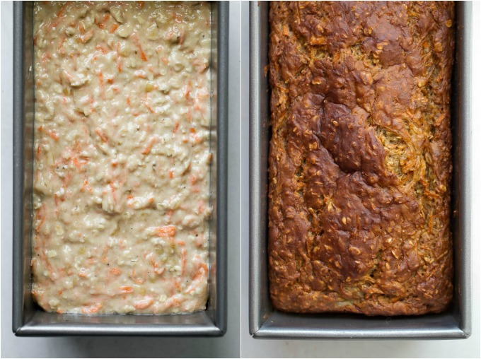 Carrot cake banana bread in a pan before and after it was baked.