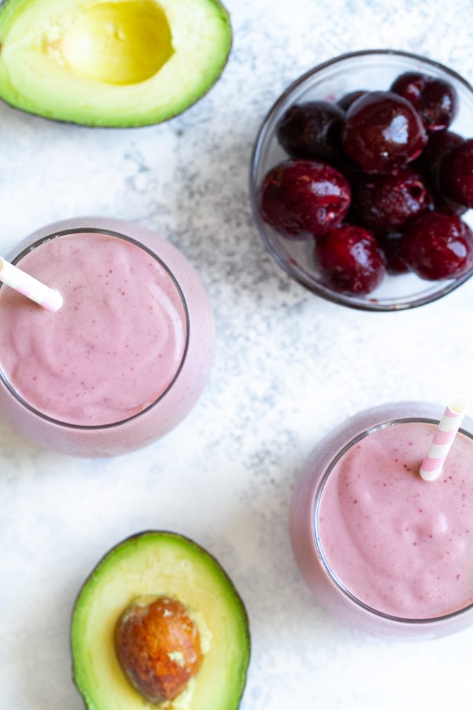 This creamy Cherry Avocado Smoothie is packed with healthy fats, vitamins, and antioxidants. Gluten-free and easily made vegan, it makes a healthy and delicious breakfast or snack