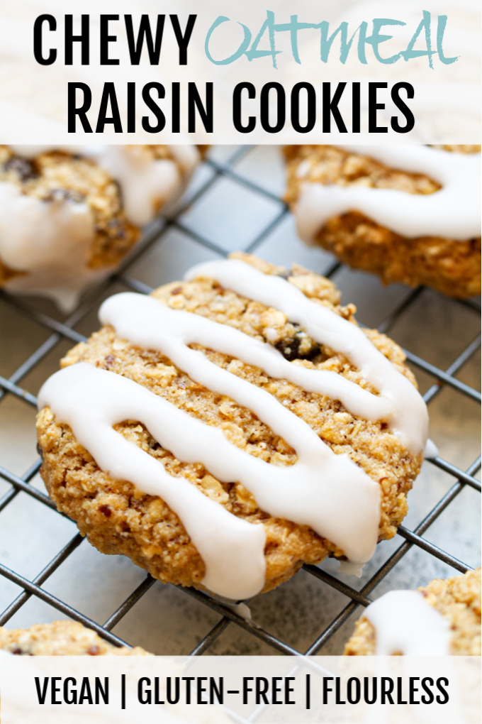 A close up flourless oatmeal raisin cookie with icing.