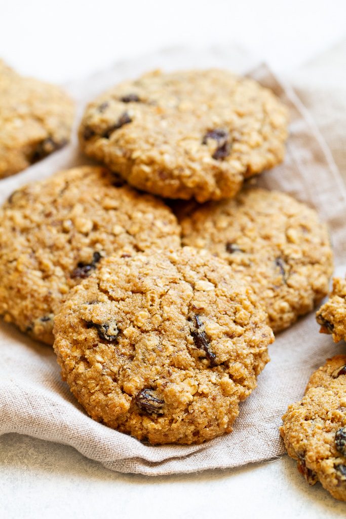 Flourless oatmeal raisin cookies on a napkin.