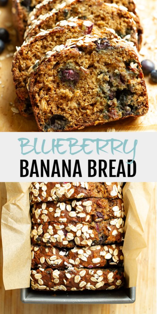 A collage of blueberry banana bread for Pinterest.