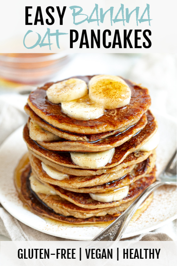 A stack of easy banana oat pancakes topped with maple syrup.