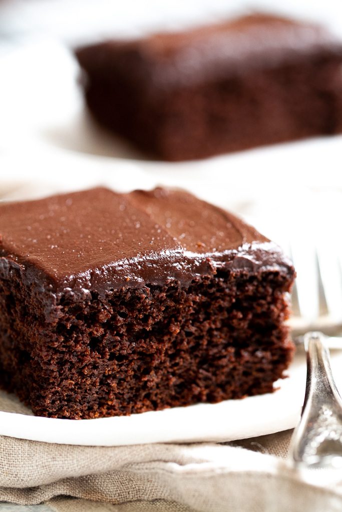 A slice of easy chocolate sheet cake.