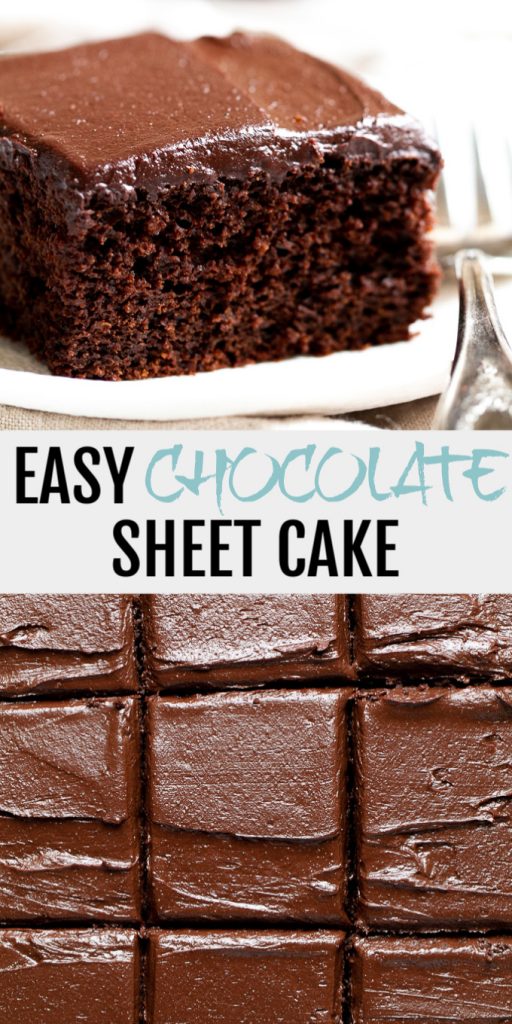 A collage of easy chocolate sheet cake for Pinterest.