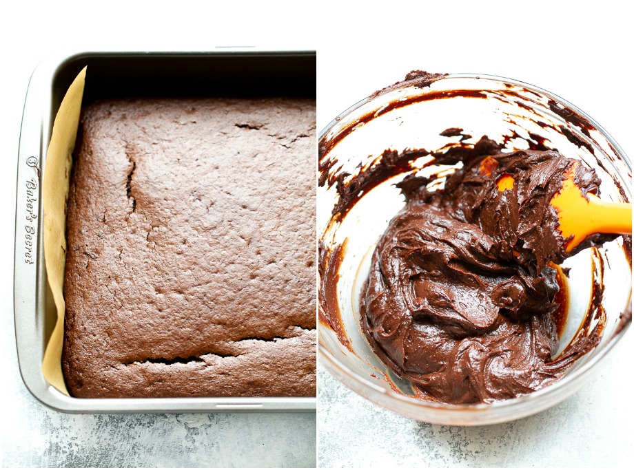 Easy chocolate sheet cake with a bowl of chocolate frosting.