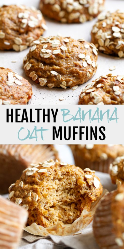 A collage of healthy banana oat muffins made for Pinterest.