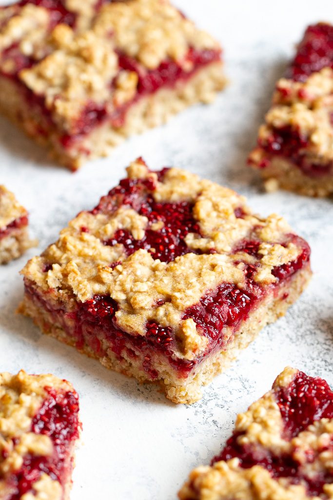 A close up of a strawberry banana oat bar.