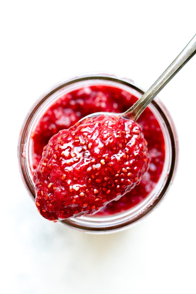 A spoonful of strawberry chia seed jam.